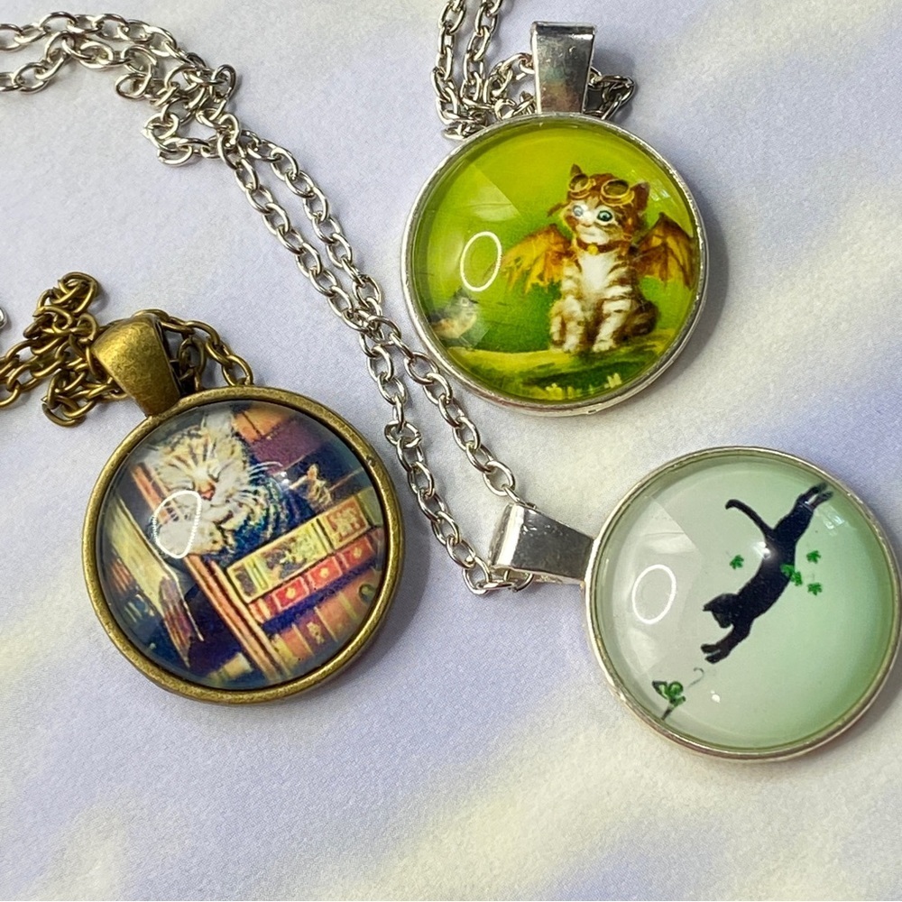 Glass Dome Cat Necklaces Lot of Three Crazy Cat Lady